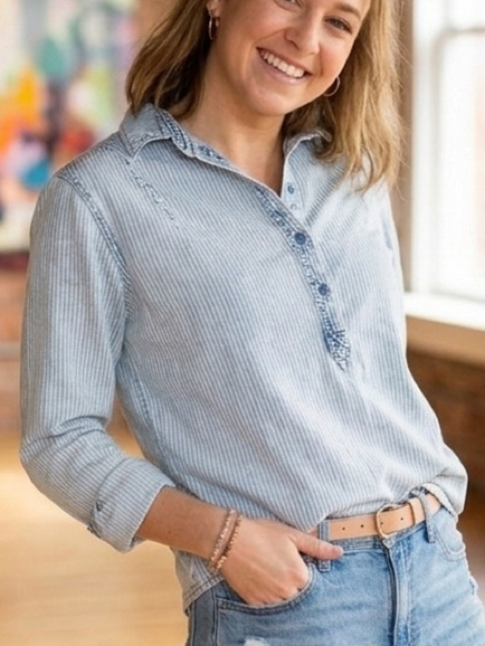 Knot Sisters Popover Chambray Lightweight Denim Top Railroad Striped Blue XS